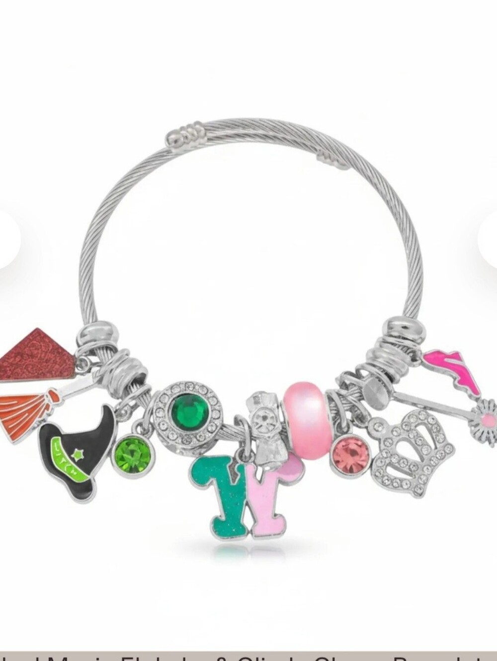 Silver Wizard Of Oz. Wicked Charm Bracelet with Blue, Red & Green Accents, New